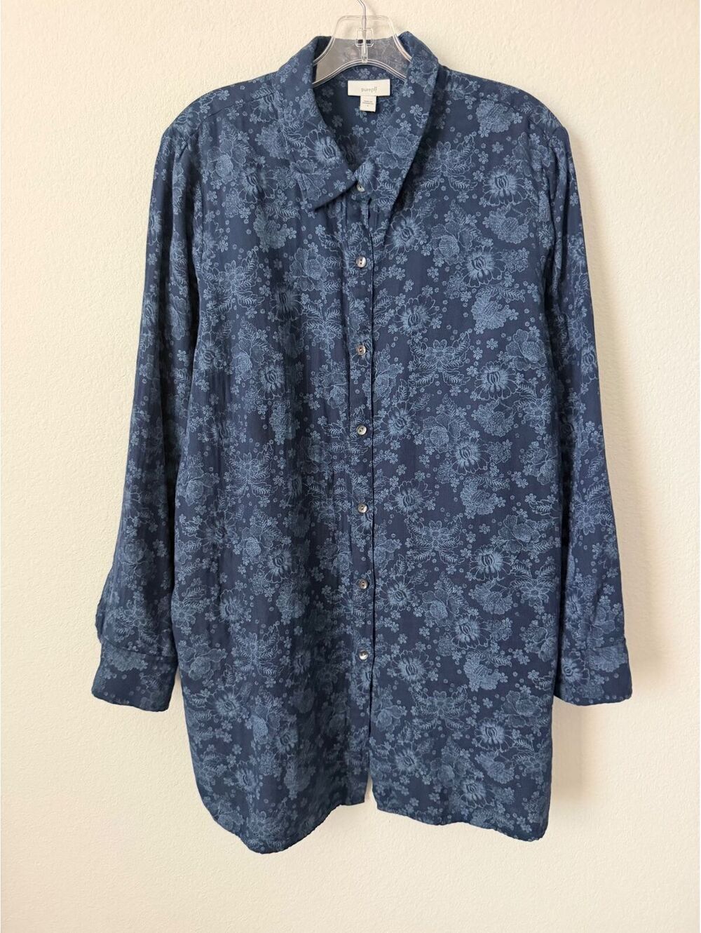 J. Jill Purejill Blue Tone Floral Button Up Cotton Tunic Shirt Women's Size L